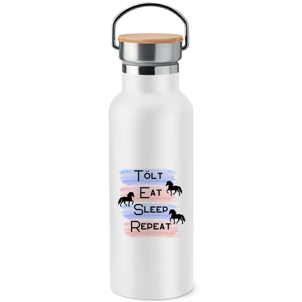 Edelstahl-Trinkflasche mit Bambusdeckel Tölt, Eat, Sleep, Repeat