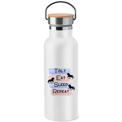 Edelstahl-Trinkflasche mit Bambusdeckel Tölt, Eat, Sleep, Repeat